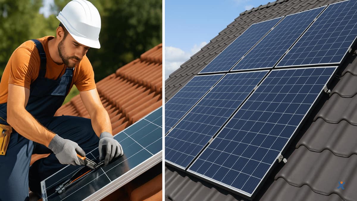 De eerste foto toont een Belgische installateur die een zonnepaneel plaatst op een rood pannendak. Op de tweede foto zie je de afgewerkte installatie op een grijs schuin dak met een helderblauwe lucht.