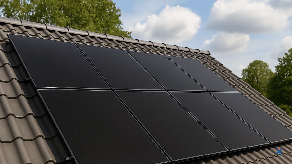 Op een schuin dak met donkere dakpannen liggen full black zonnepanelen onder een helderblauwe hemel.